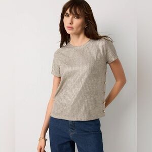 White House Black Market Metallic Ribbed Knit Shell - Silver Taupe